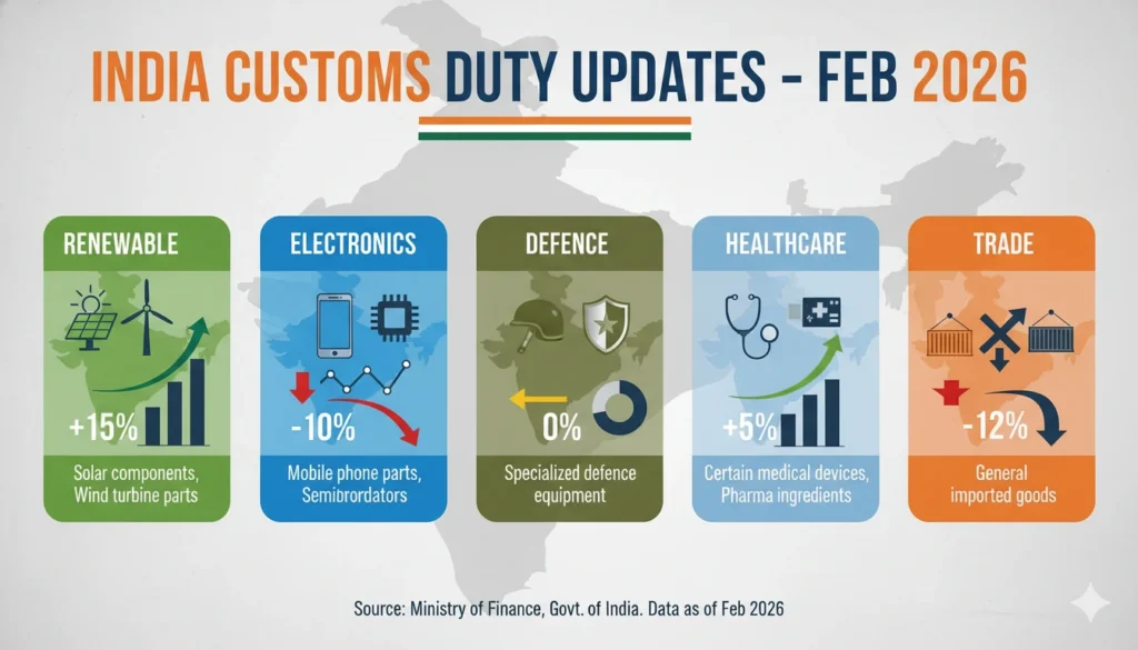 Latest Customs Duty Changes in India February 2026. Sector Wise Impact on Renewable Energy, Electronics, Defence, Healthcare & Trade